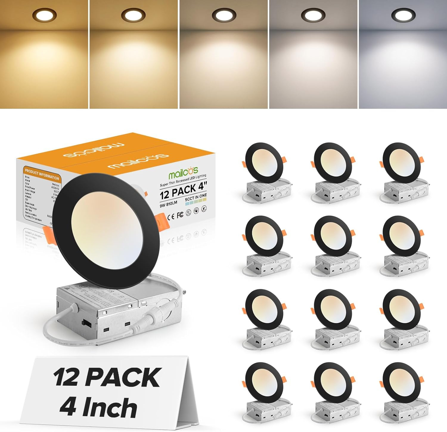 12 Pack 4" Dimmable Ultra-Thin LED Recessed Lights, 5CCT, 810LM, ETL gallery