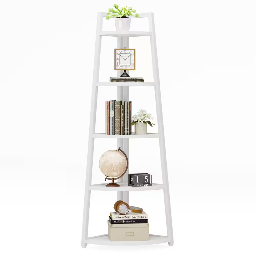 Eulas 70 In. Tall White MDF 5-Shelf Corner Ladder Shelf Bookcase with Metal Fram gallery