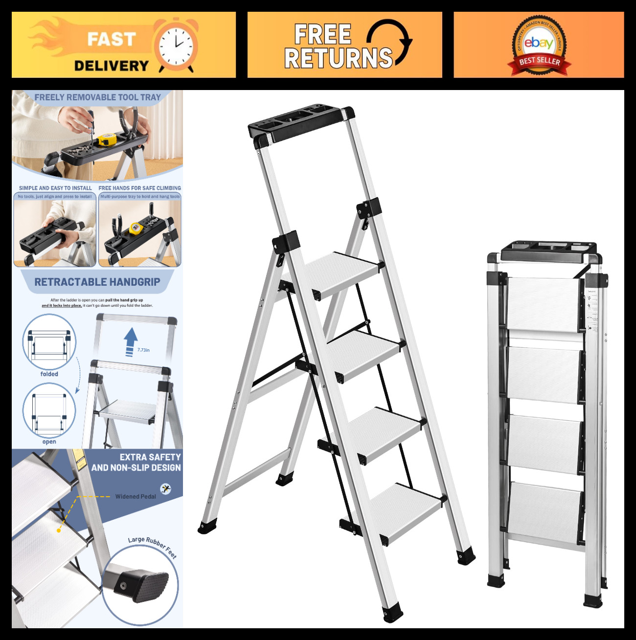 4 Step Folding Ladder with Anti-Slip Pedals, Retractable Handgrip, 330lbs Capaci gallery