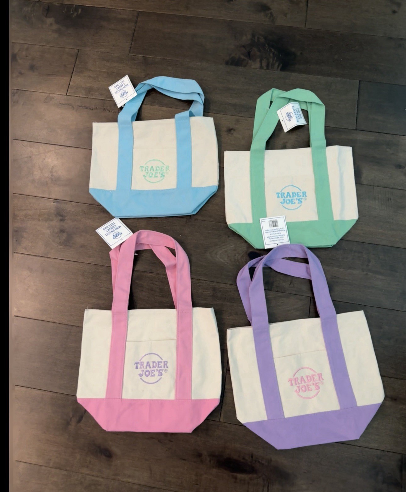 Trader Joe’s Mini Pastel Canvas Tote Bag Set Of 4 NWT Blue Green Pink Purple US gallery
