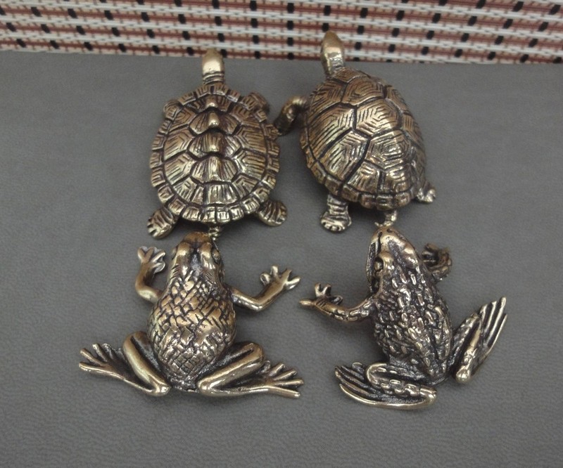 2 Pairs Solid Brass Turtles and Frogs Figurines Vintage Styles Couple Statues gallery