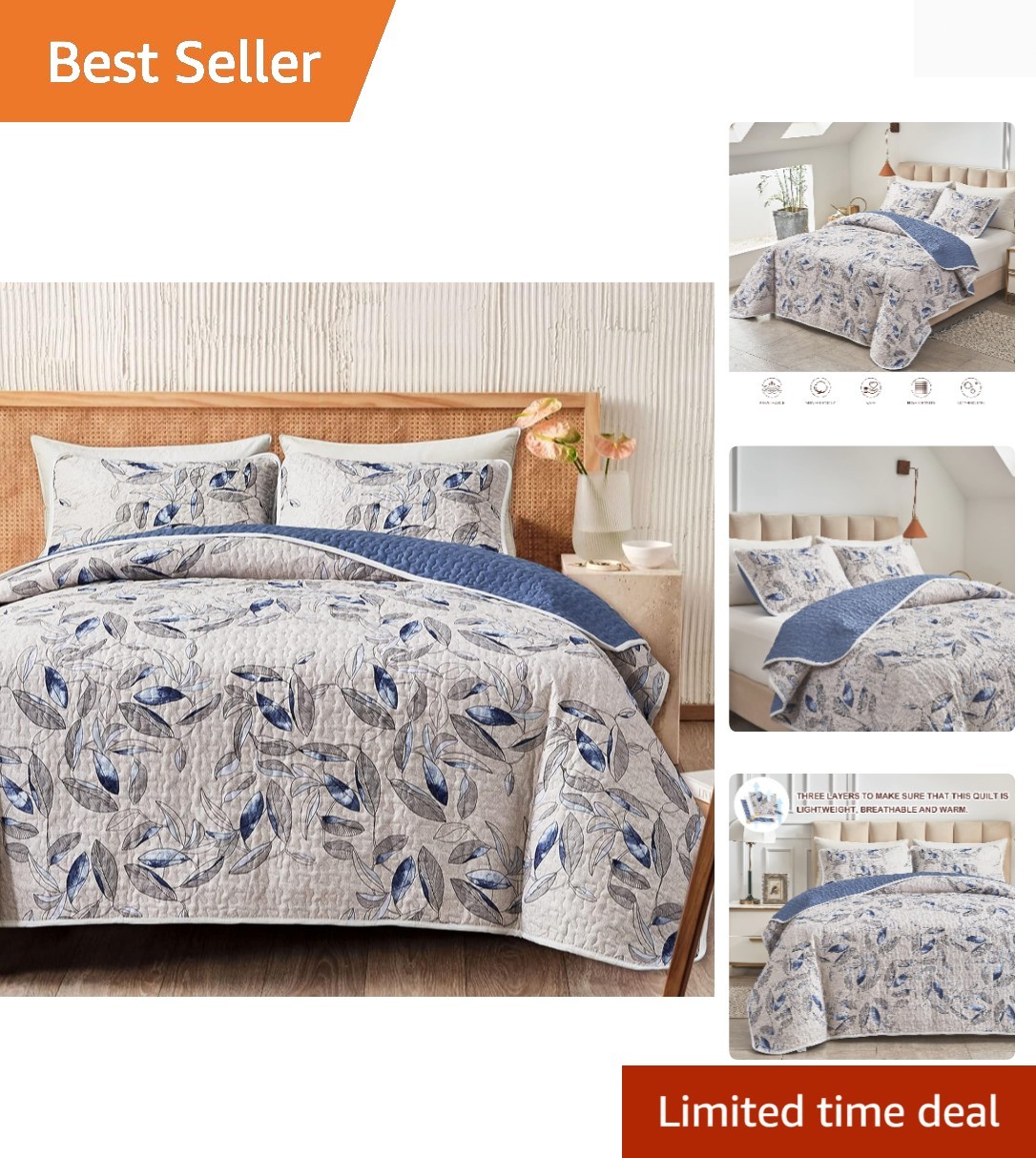 Luxury Reversible 3-Piece Microfiber Quilt Set - Botanical Blue Leaves King Size gallery