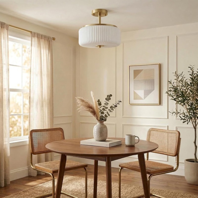 3-Light Gold Semi Flush Mount Ceiling Light 11.8" Fixture Ribbed Glass Shade gallery