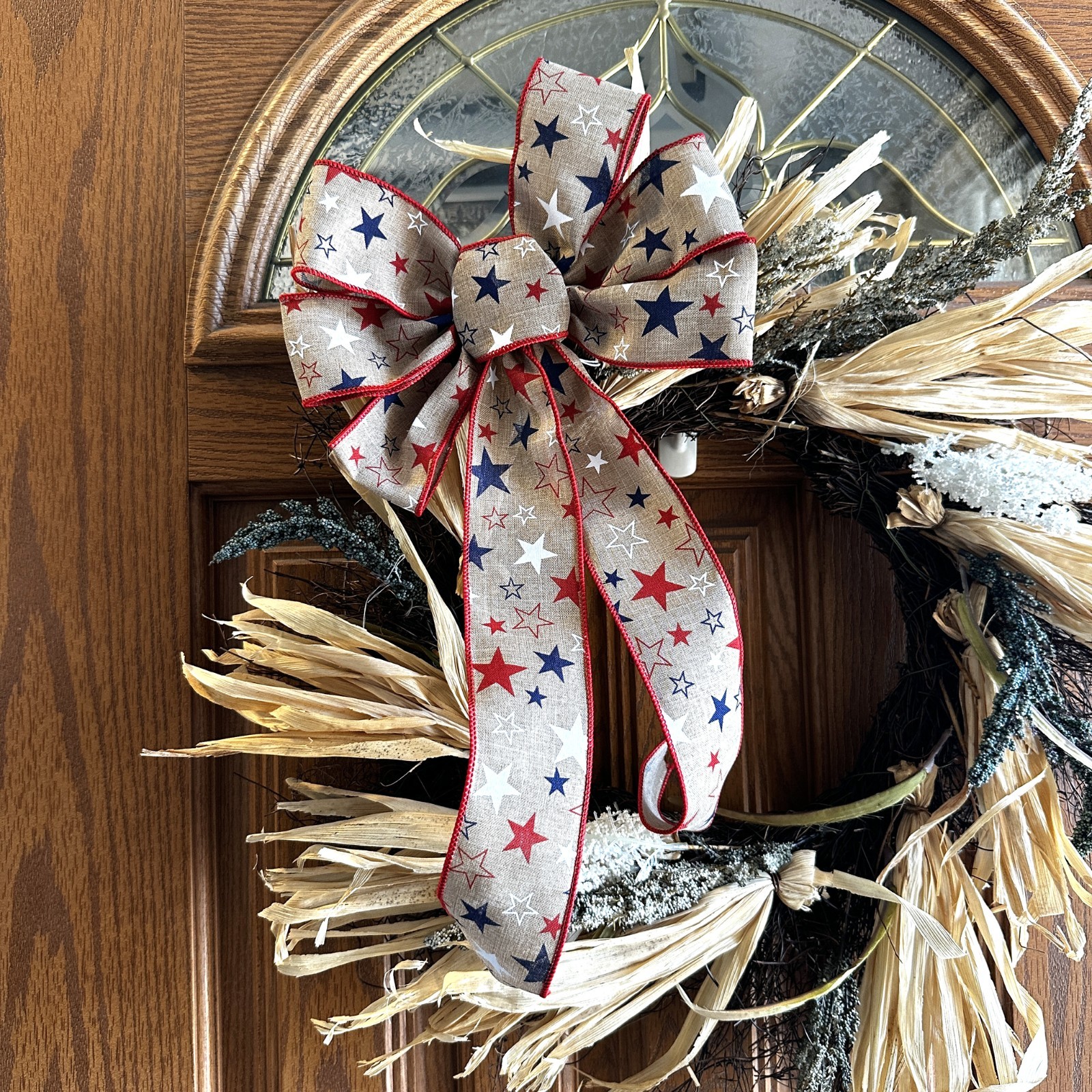 Rustic Linen Patriotic Wreath Bow - 10"Wx18"L, Red White Blue Stars, Made in USA gallery