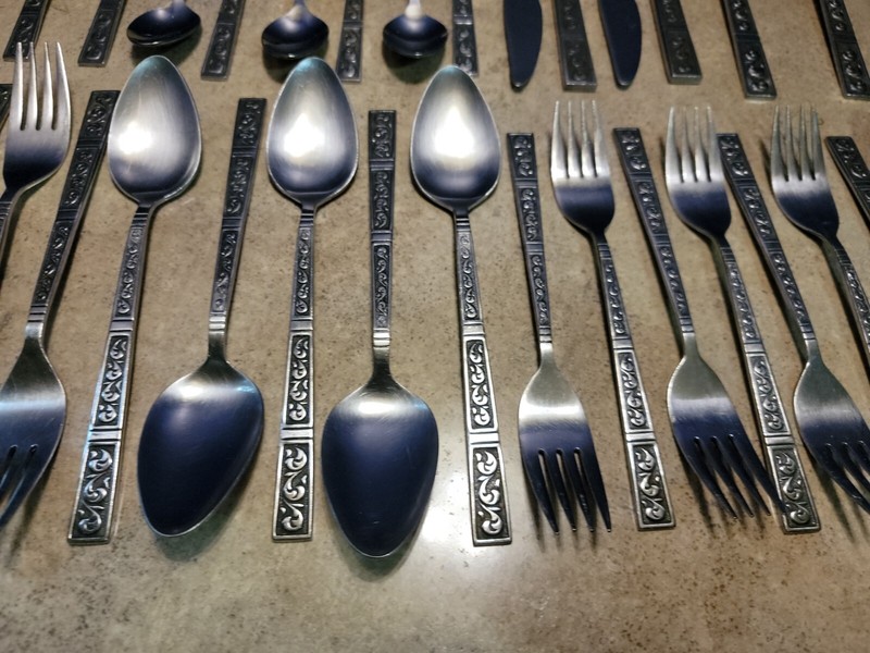 RIVIERA Stainless Steel Scroll Flatware MCM Japan Lot Of 37 Misc Pieces Used gallery