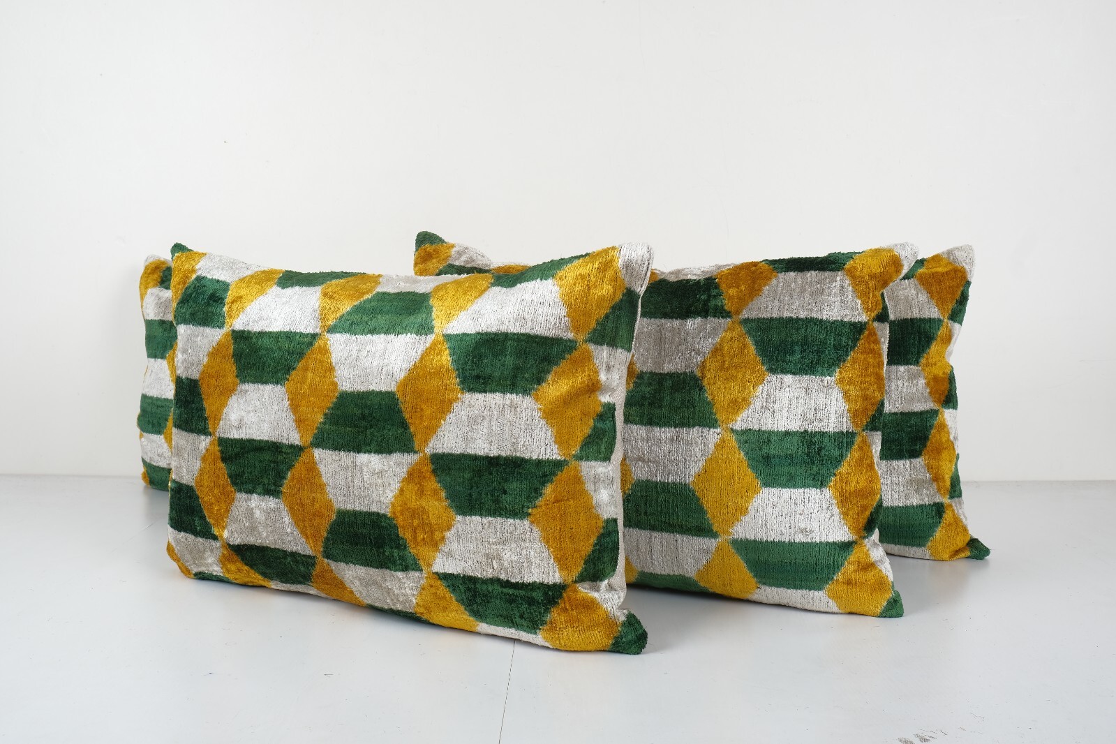 Handmade Quadrilateral Ikat Velvet Bedding Pillow, Set of Three Yellow Woven gallery