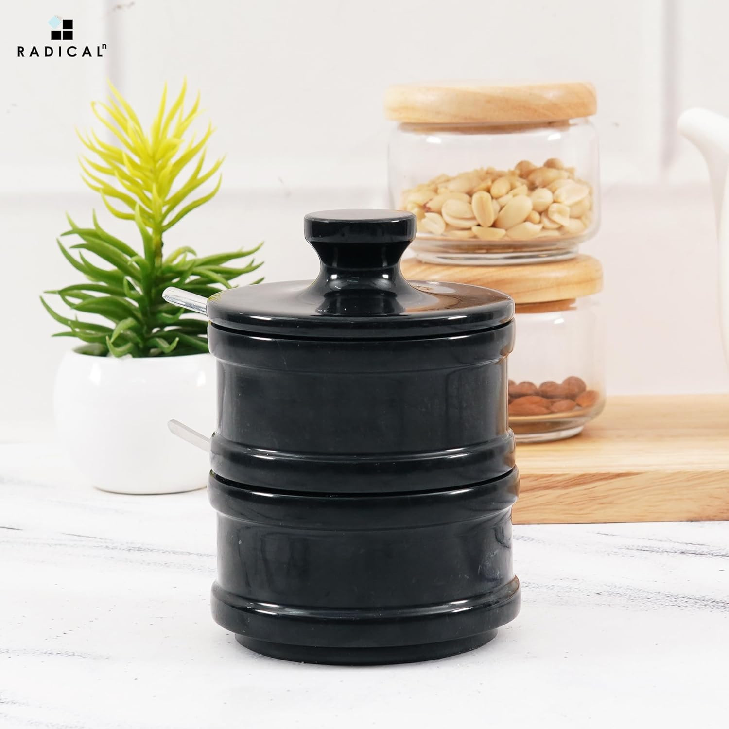 Handmade Marble Black 5.5” Dual Salt Cellar with Lid – 2.3” Each Salt and Pepper gallery