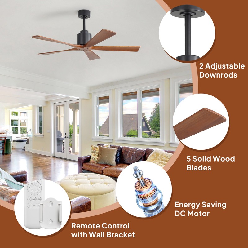 Sofucor 52in Flush Mount & Downrod Ceiling Fan No Light with 6 Speeds and Remote gallery