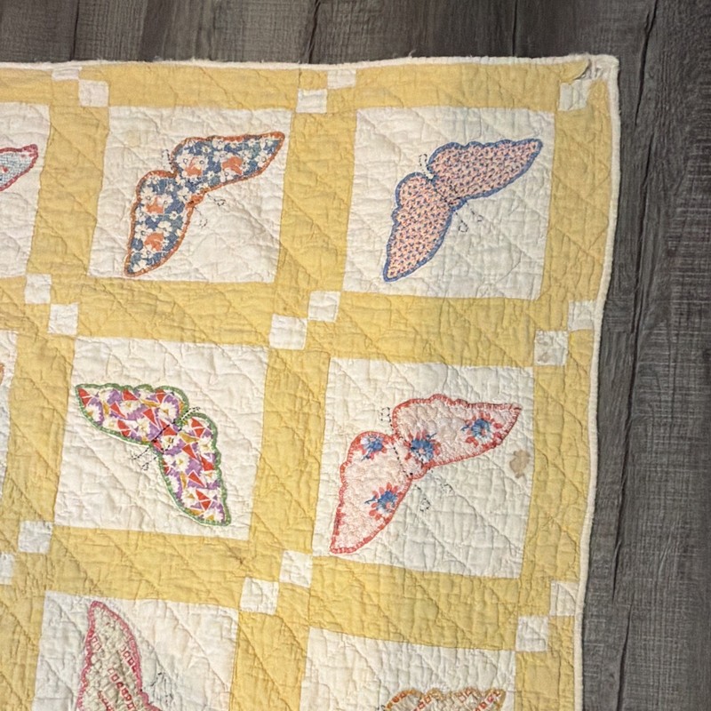 Patchwork Quilt Yellow & White w/ Multicolor Butterfly Squares Coverlet 63” x 73 gallery