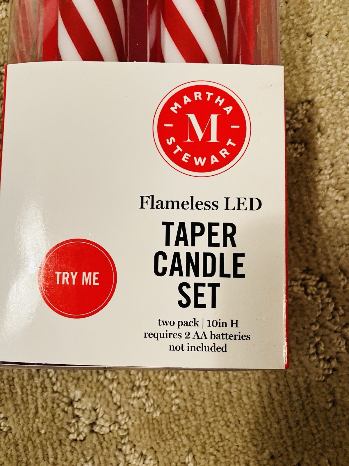 Martha Stewart Flameless LED Peppermint Taper Candles 10" Set of 2 AA Batteries gallery