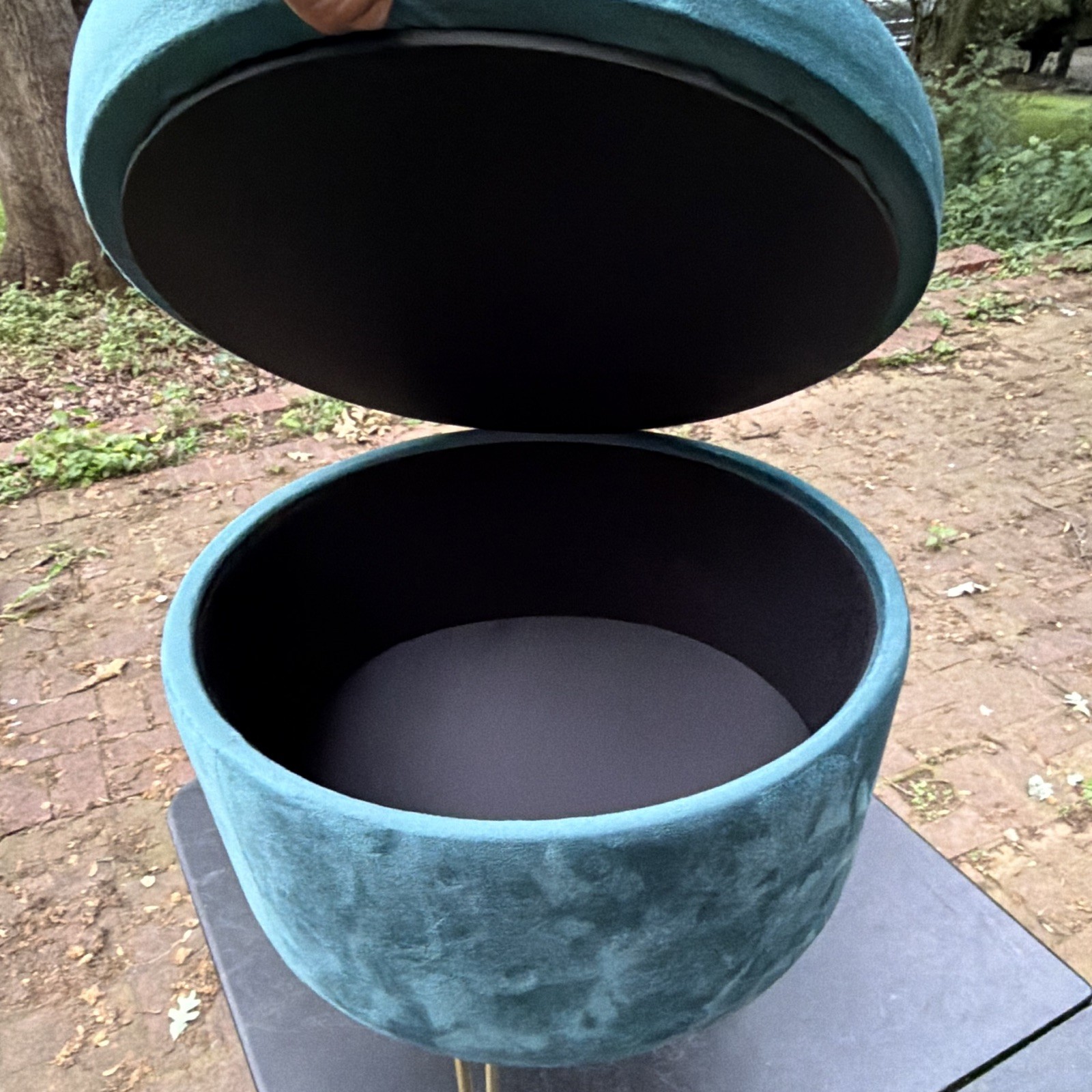 Round Teal Storage Ottoman with Lift-Off Lid, Metal Gold Hairpin Legs gallery