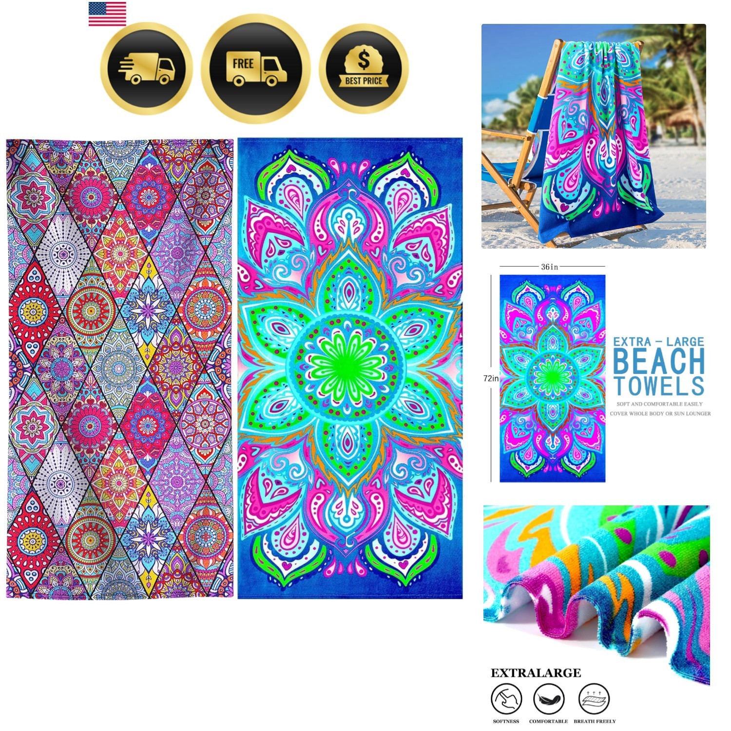 Beach Towel Set Oversized 72x36 in Soft Quick Dry Pool Camping Travel Fun gallery