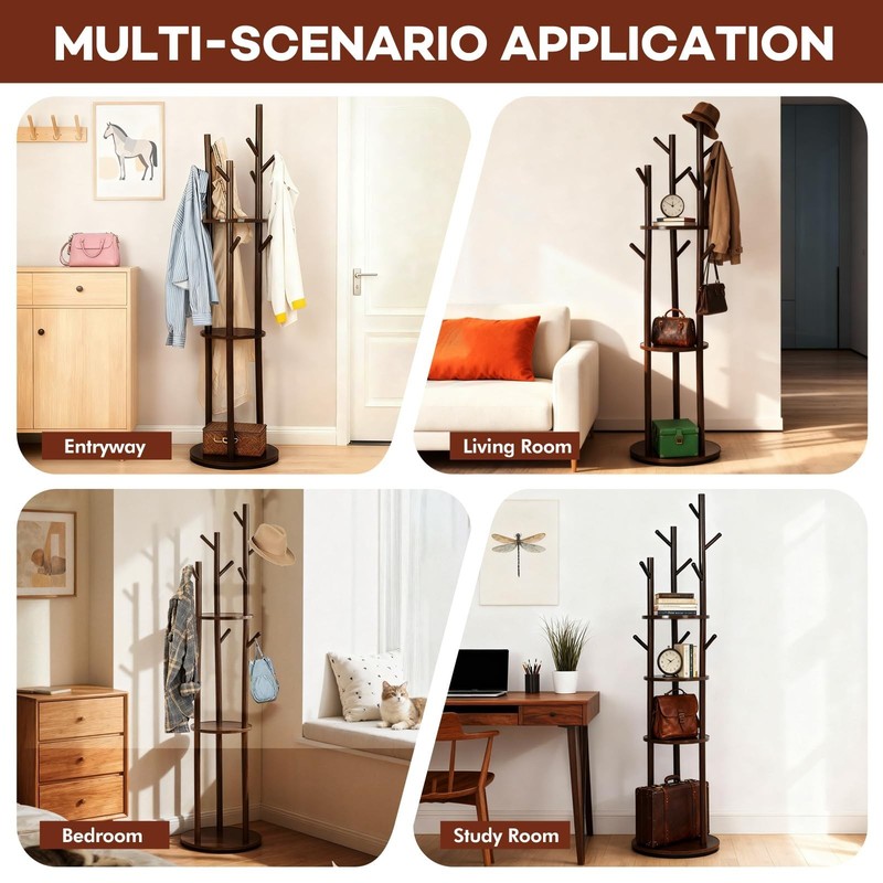 Freestanding Coat Rack, Solid Pine Wood Rotary Coat Tree with 3 Shelves and 9... gallery