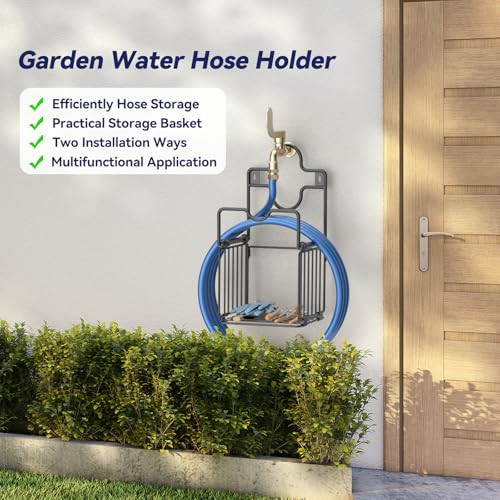 Metal Hose Holder with Tool Storage Basket - Sturdy Garden Hose Stand Wall gallery
