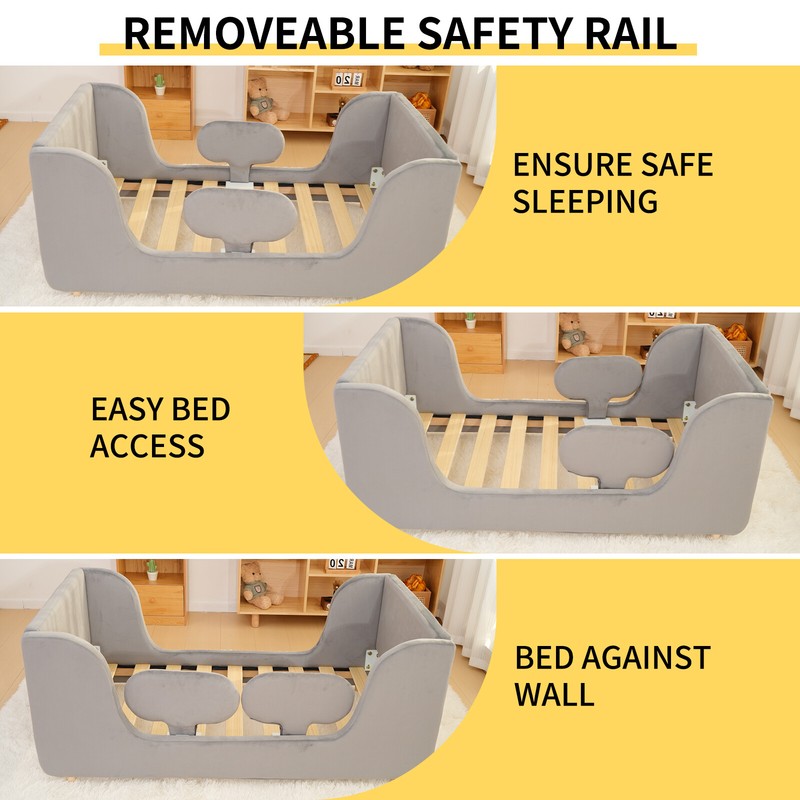 Toddler Bed Floor Bed Frame w/ Removable Guard Rails for Kids Standard Crib Size gallery