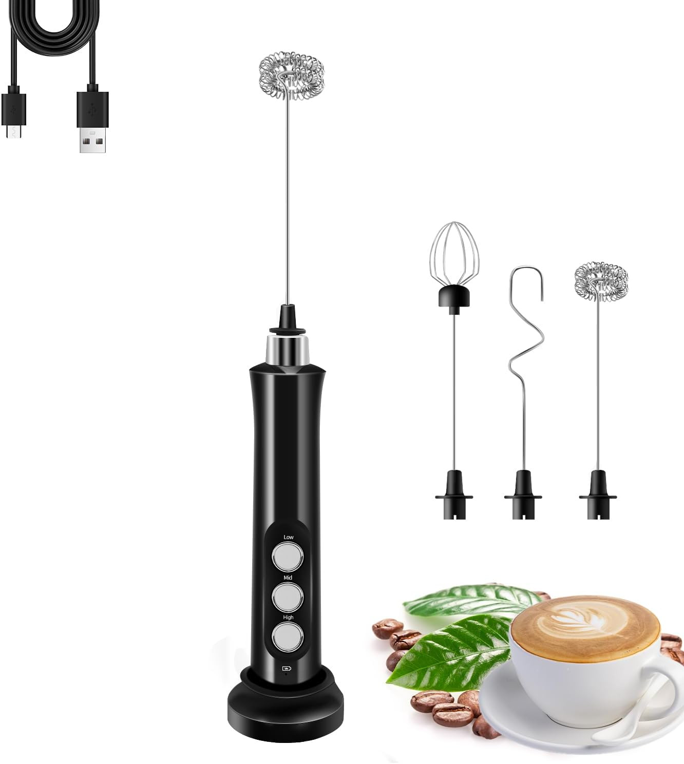 Rechargeable Milk Frother Handheld with 3 Detachable Stainless Steel Whisks, 3 S gallery