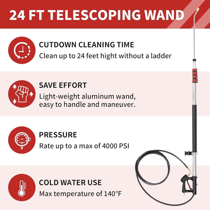 24 FT Telescoping Pressure Washer Wand Extension, Hot Water Supported Power Wash gallery