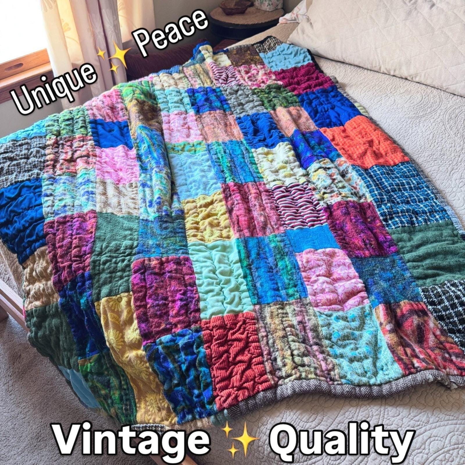 Patchwork Quilt Unique Vintage Handmade Blanket Cozy Bohemian Eclectic Colorful gallery