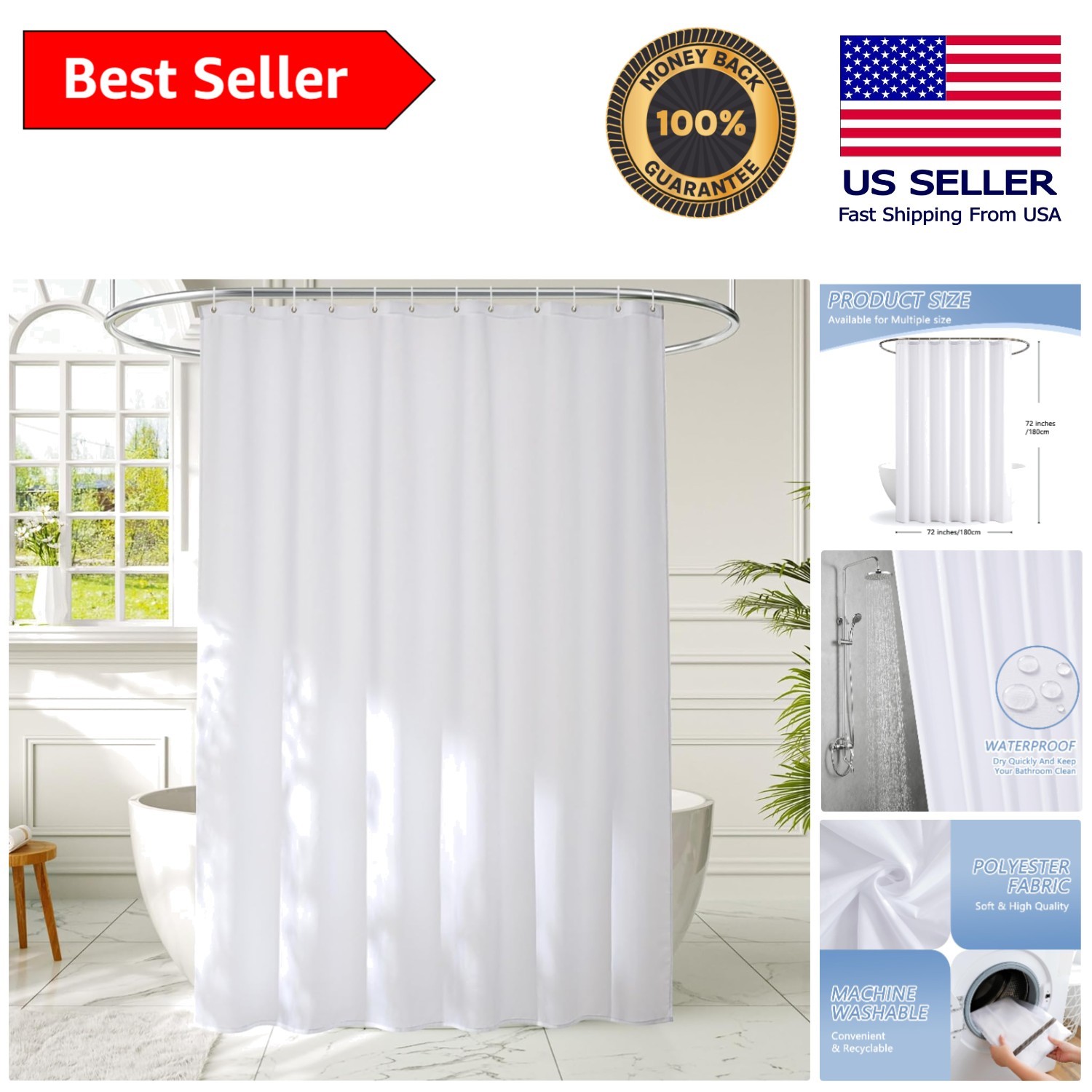 Hotel Quality 72x72 Waterproof Shower Curtain Liner with 12 Hooks - Easy Install gallery