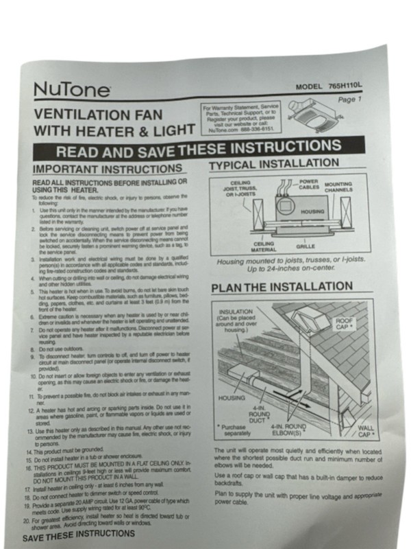 NuTone 110 CFM Ceiling Exhaust Bath Fan LED Light & Heater 765H110L (OB) gallery