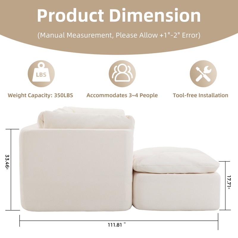 Modern Cloud L-Shaped Sectional Sofa with Ottoman, Chenille Fabric, Beige gallery