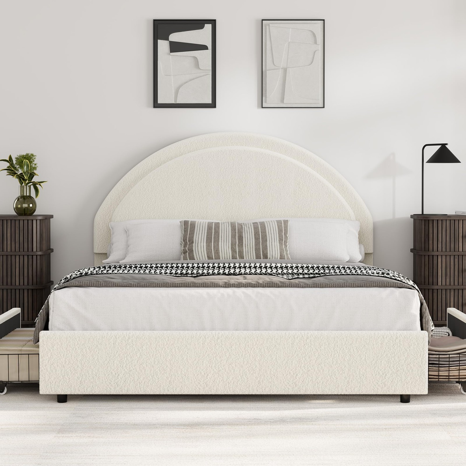 Full Size Bed Frame with 2 Drawers, Boucle Upholstered Platform Bed & Headboard gallery