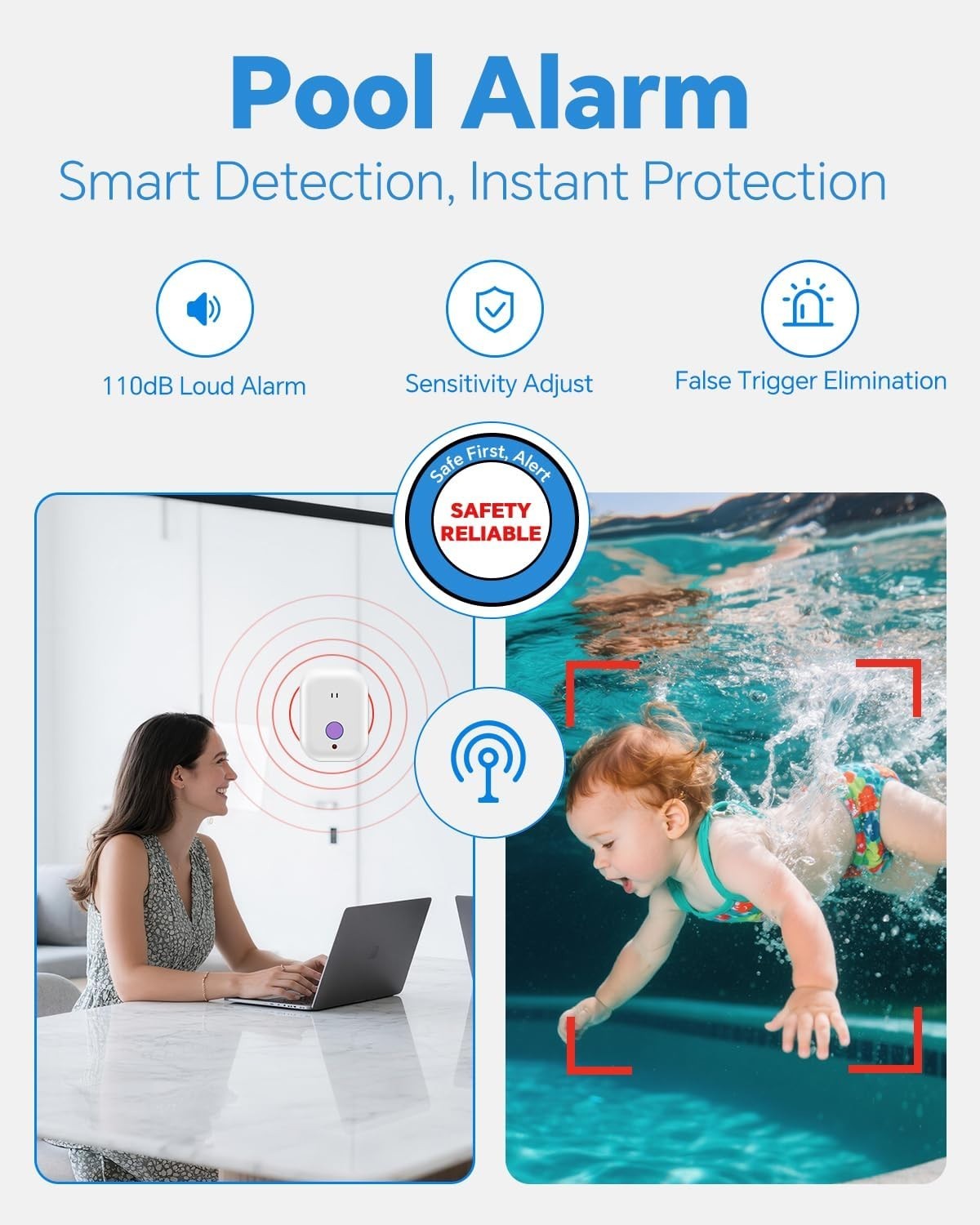 Pool Alarm for Inground & Above Ground Pools Adjustable Sensitivity 110dB Siren gallery