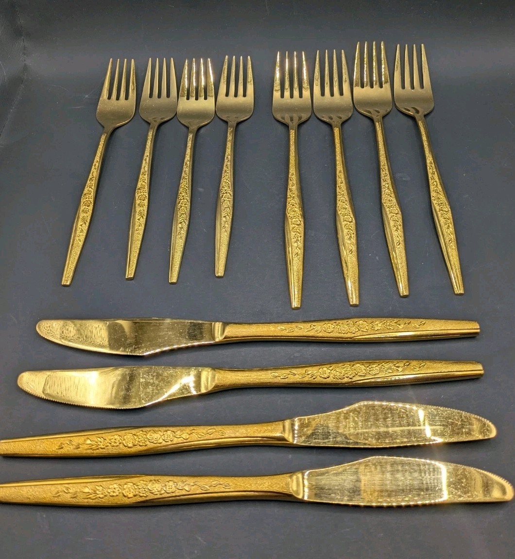 JH Golden Bouquet Flatware Gold Electroplate Set of 12 Forks 2 Sizes & Knives gallery