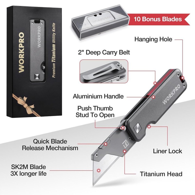 WORKPRO Titanium Folding Utility Knife CNC Unibody Box Cutter Quick Change Blade gallery
