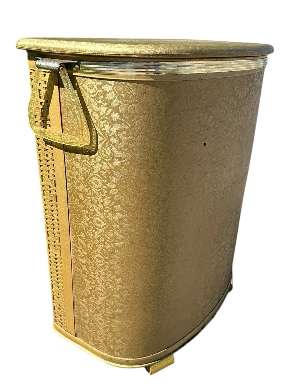 Pearl Wick Hamper Gold Wicker Laundry Basket 60s Vintage Hollywood Regency gallery