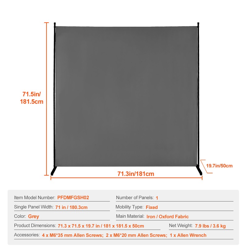6FT Room Divider Single Panel Fabric Room Screen for Office Bedroom Grey gallery