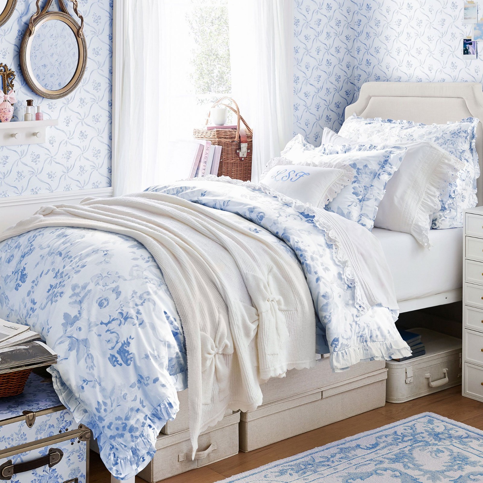 Best Seller LoveShackFancy Damask Ruffle Duvet Cover- Blue Twin/Twin XL gallery