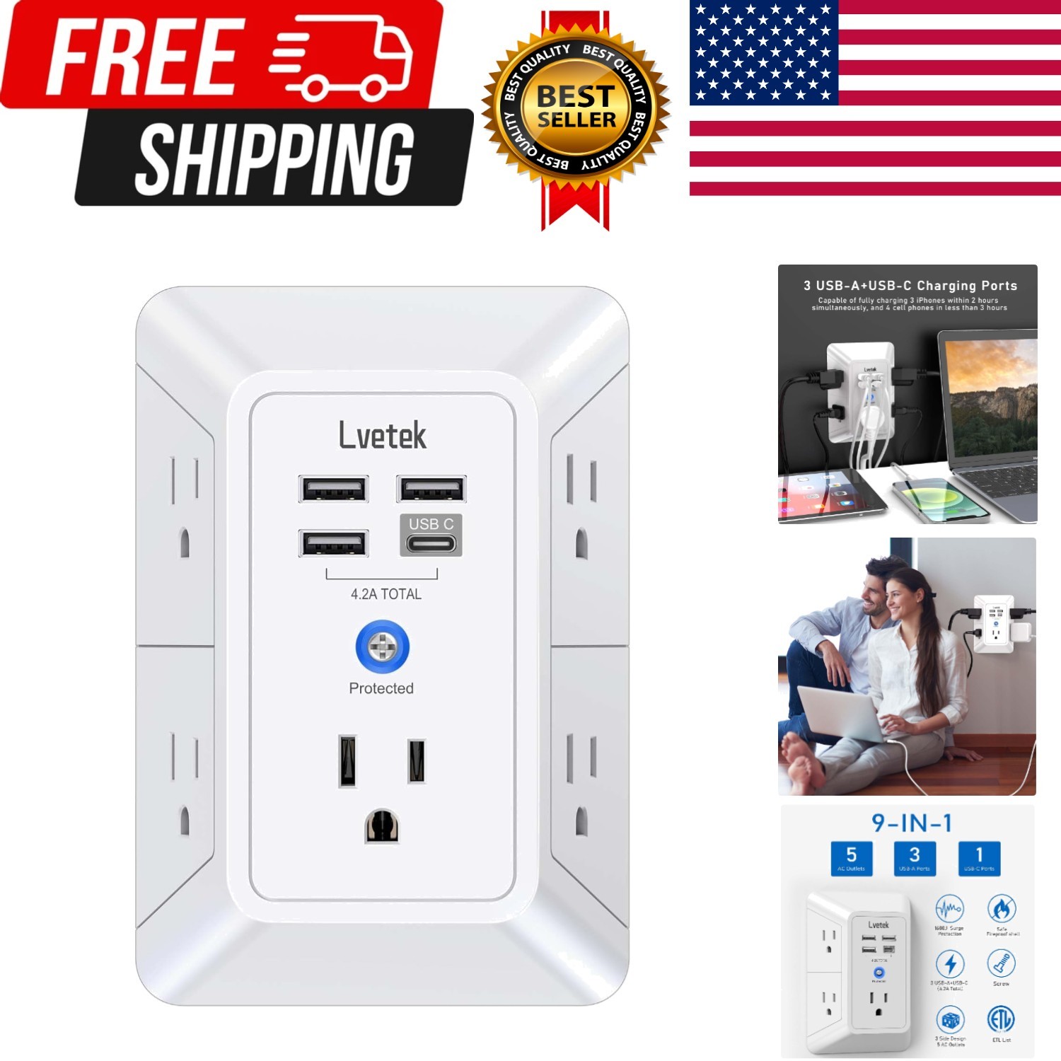 5 Outlet Surge Protector Wall Mountable Charger with 4 USB Ports - 1680J Multi gallery