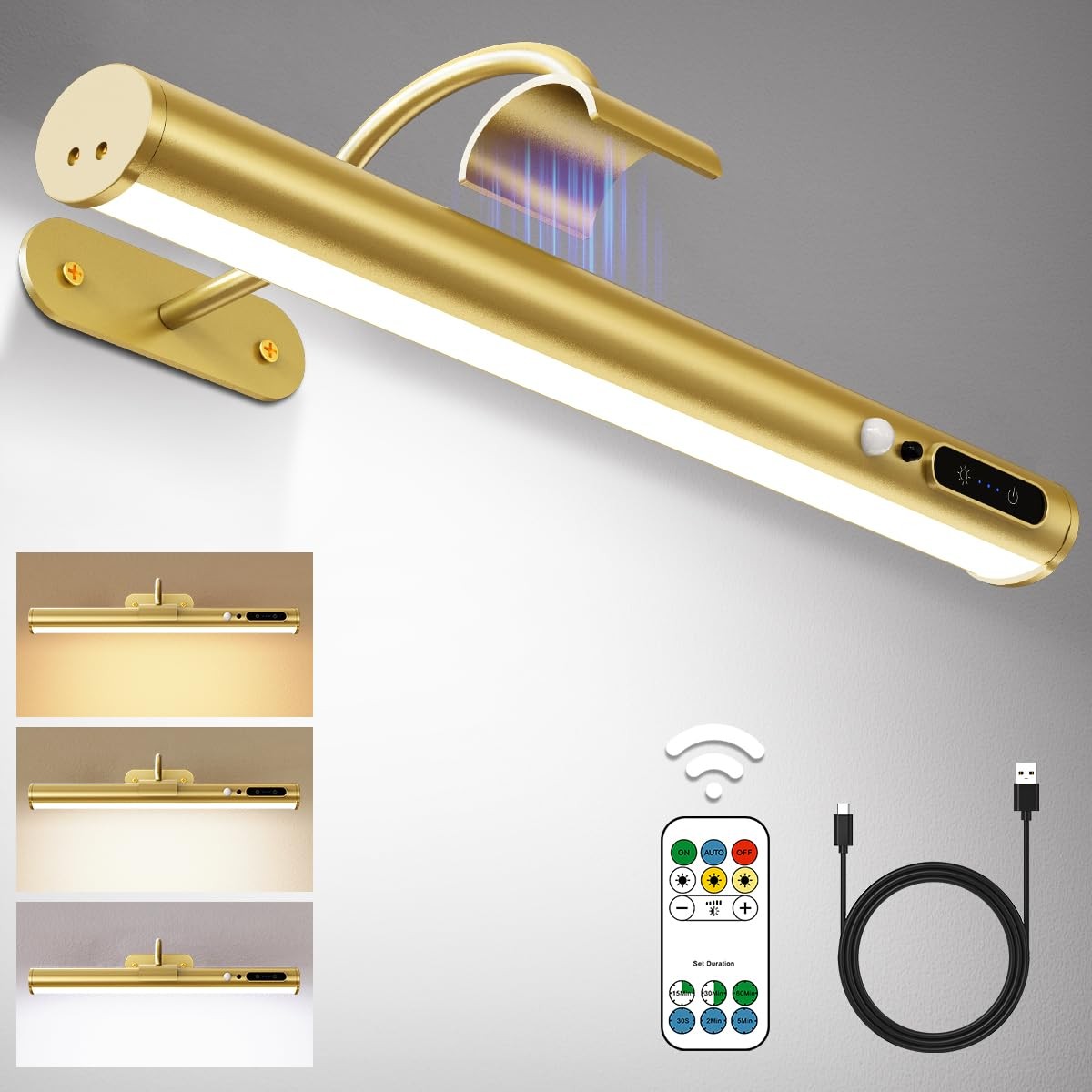 Luces LED Para Cuadros De Pared Con Sensor Recargable Lampara Dorada Aplique Kit gallery