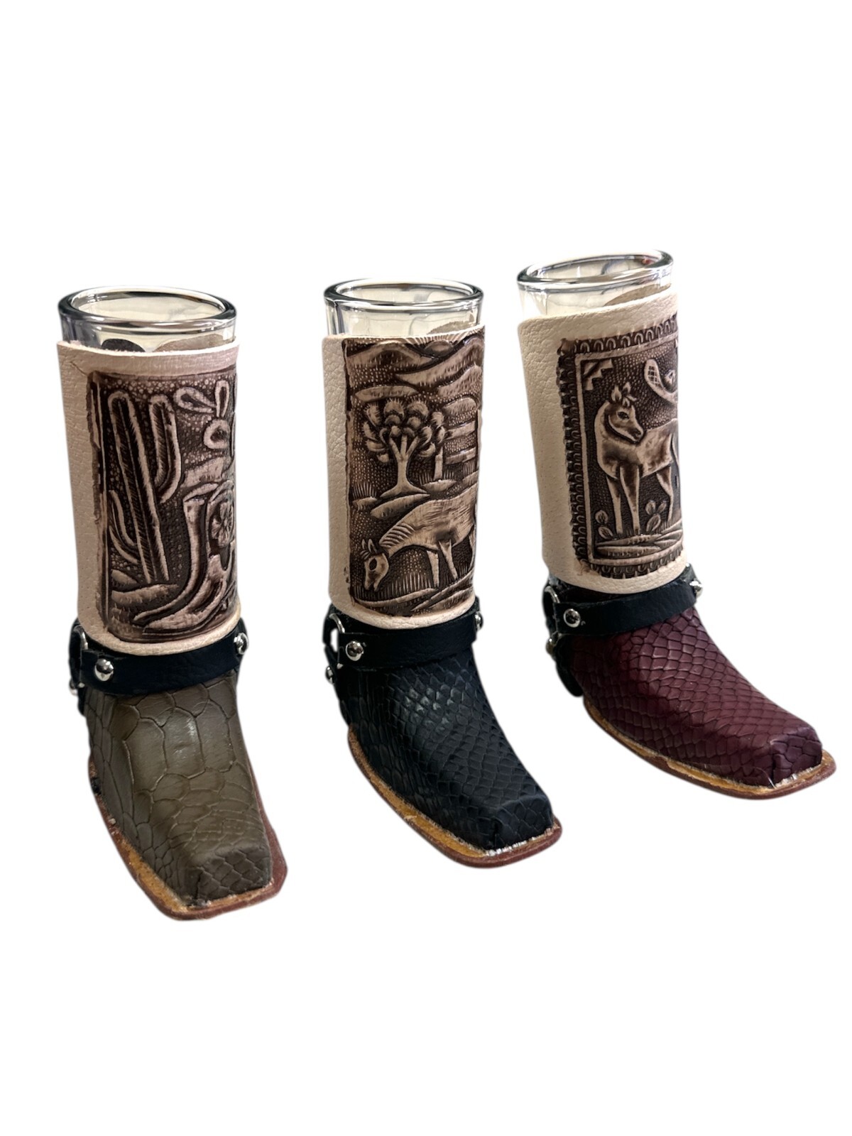 THREE PIECE SET , LEATHER BOOT SHOT GLASS , ASSORTED , REAL LEATHER , SHOT GLASS gallery