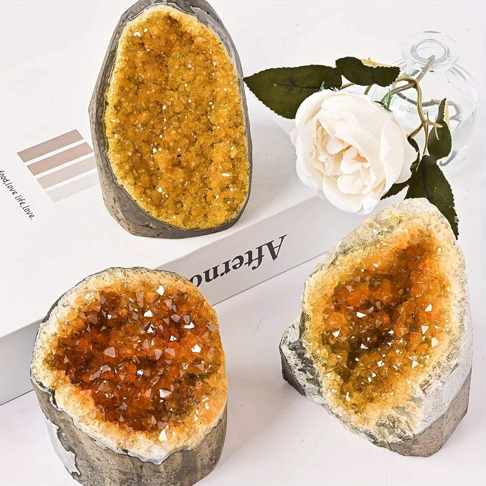 Natural Yellow Quartz Crystal Geode Cluster with Polished Mineral Inclusions gallery