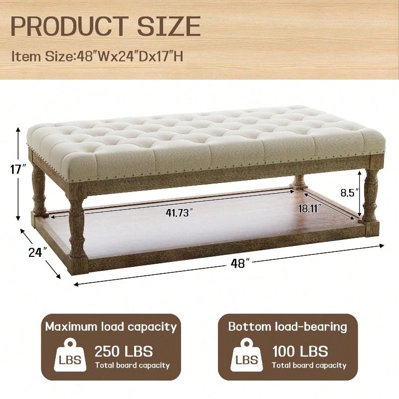 48" Large Ottoman with Storage Coffee Table Upholstered Tufted Linen Bench gallery