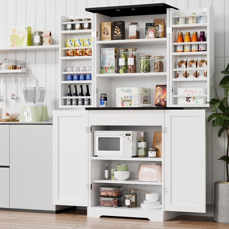 6-Tier Kitchen Pantry Storage Cabinet with Barn Doors Drawer Adjustable Shelves gallery