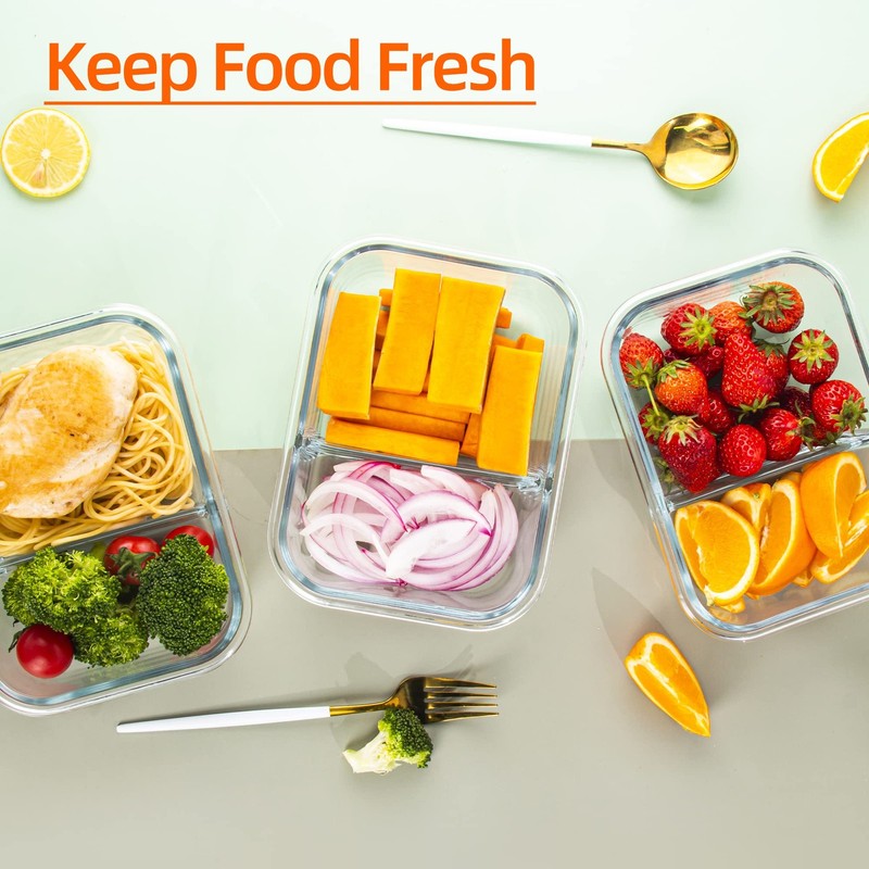 Glass Meal Prep Containers 2 Compartment with Lids (5 Pack, 34oz), Divided Gl... gallery