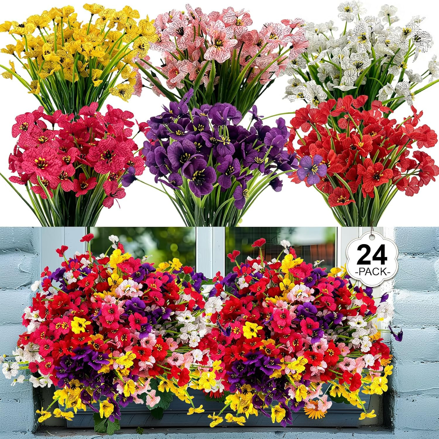 24 Pcs (6 Color) UV Resistant Outdoor Artificial Faux Flowers Plants Realistic P gallery