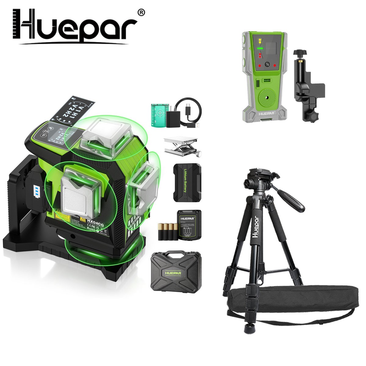 Huepar 4x360° Green Self Leveling laser tool with LCD screen + Receiver + Tripod gallery