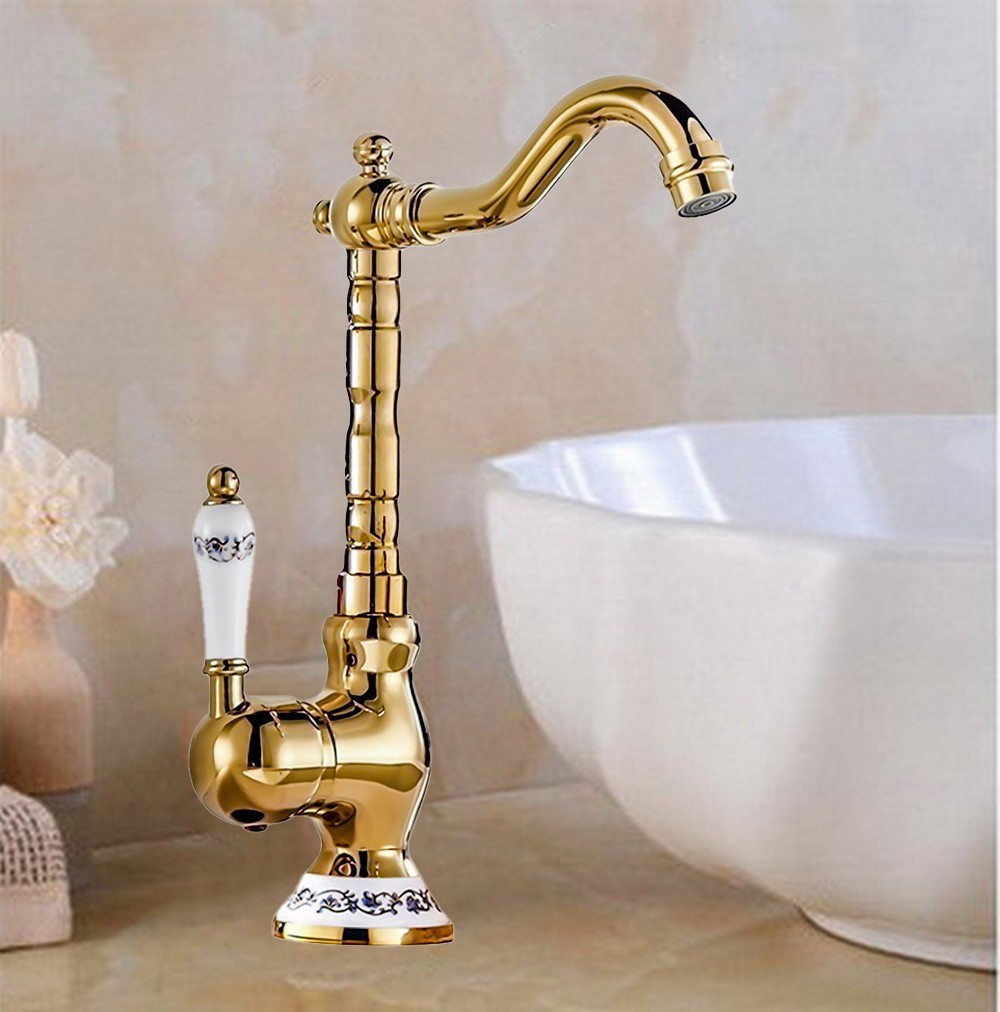 Gold Brass Kitchen Bathroom Sink Faucet Basin Swivel Spout Ceramic Handle Tap gallery