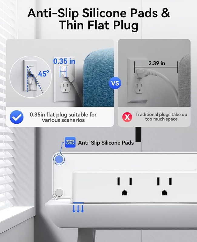 Flat Plug Power Strip Surge Protector, 5/10Ft Ultra Thin Extension Cord 9 gallery
