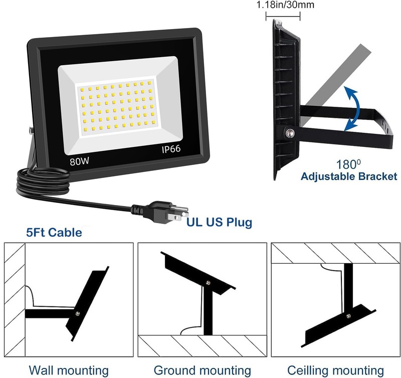3 Pack 80W LED Warm White Floodlight, 3000K Outside Flood Light with Plug, Ul... gallery