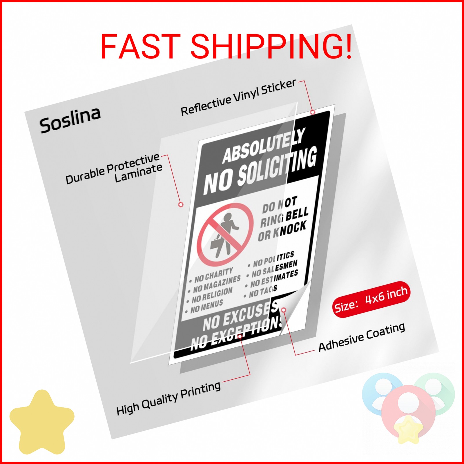 No Soliciting Sign for Front Door, 3 Pack 6x4 Inch Reflective Vinyl Stickers for gallery