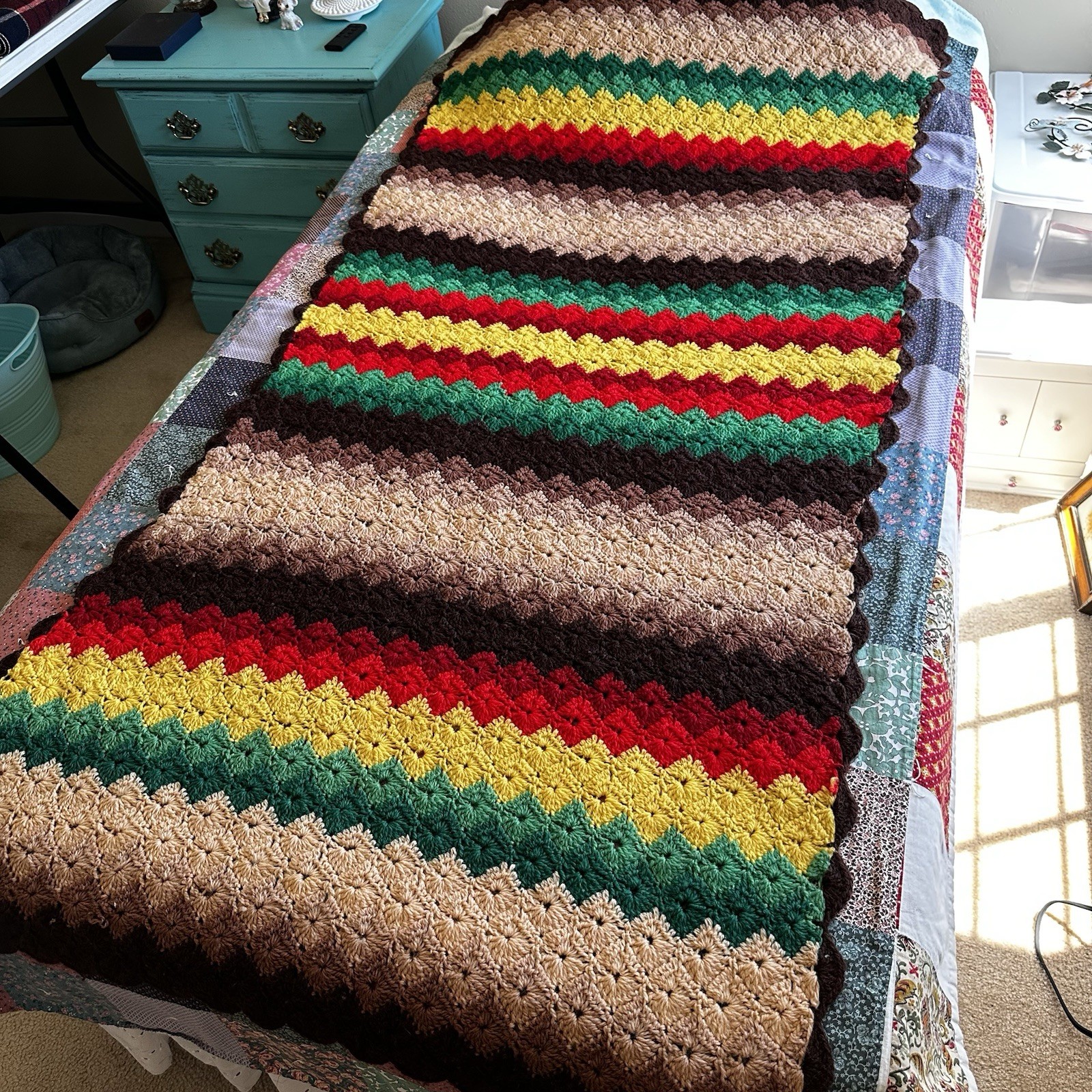 Vtg Handmade Crochet Afghan Throw Blanket Stripes Brown Green Red Yellow 67 X 31 gallery