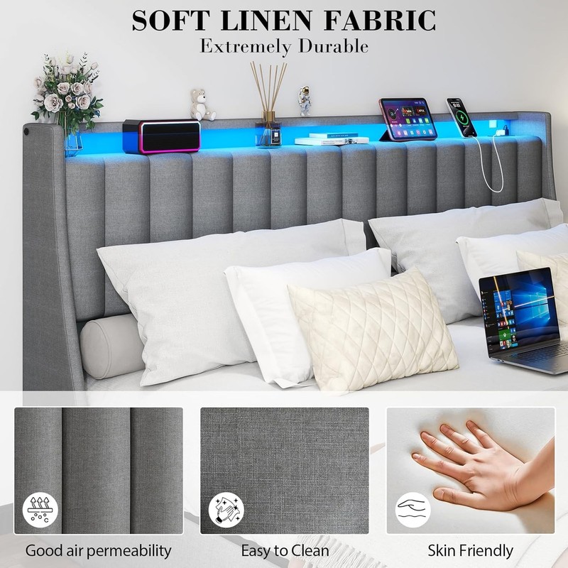 Full Queen Metal Bed Frame with Storage Drawers & Upholstered Storage Headboard gallery