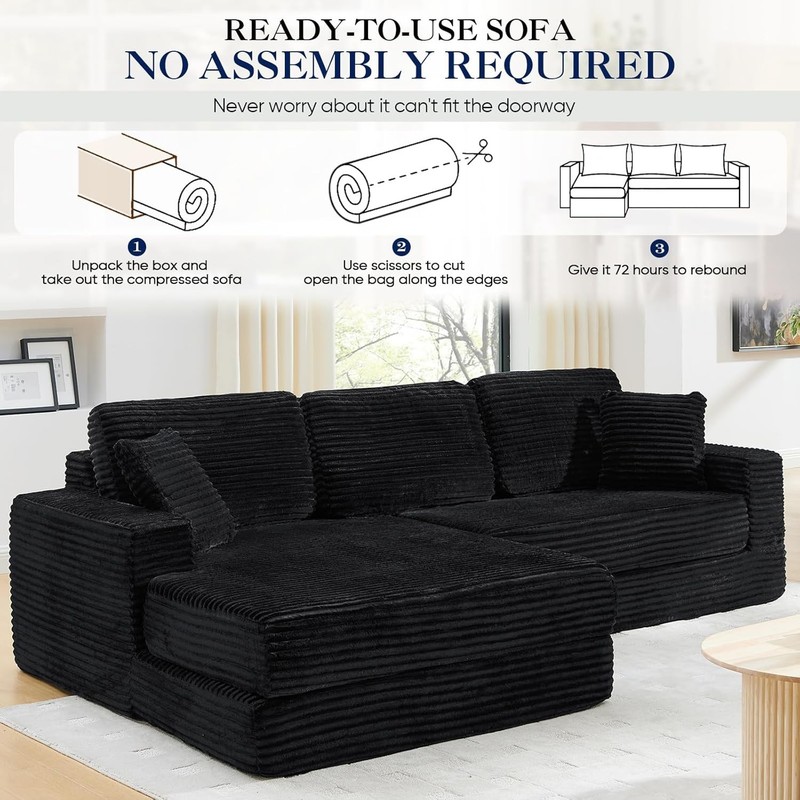 112.6" L Shape Convertible Sectional Sofa Corduroy Boneless with Left Chaise gallery