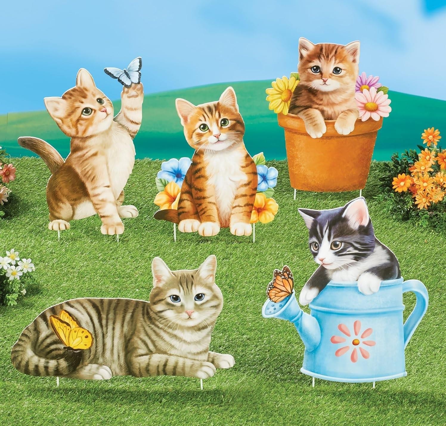 5pc Mama Cat & Kittens in Spring Garden Photo-Real Plastic Yard Stakes 23"H #985 gallery