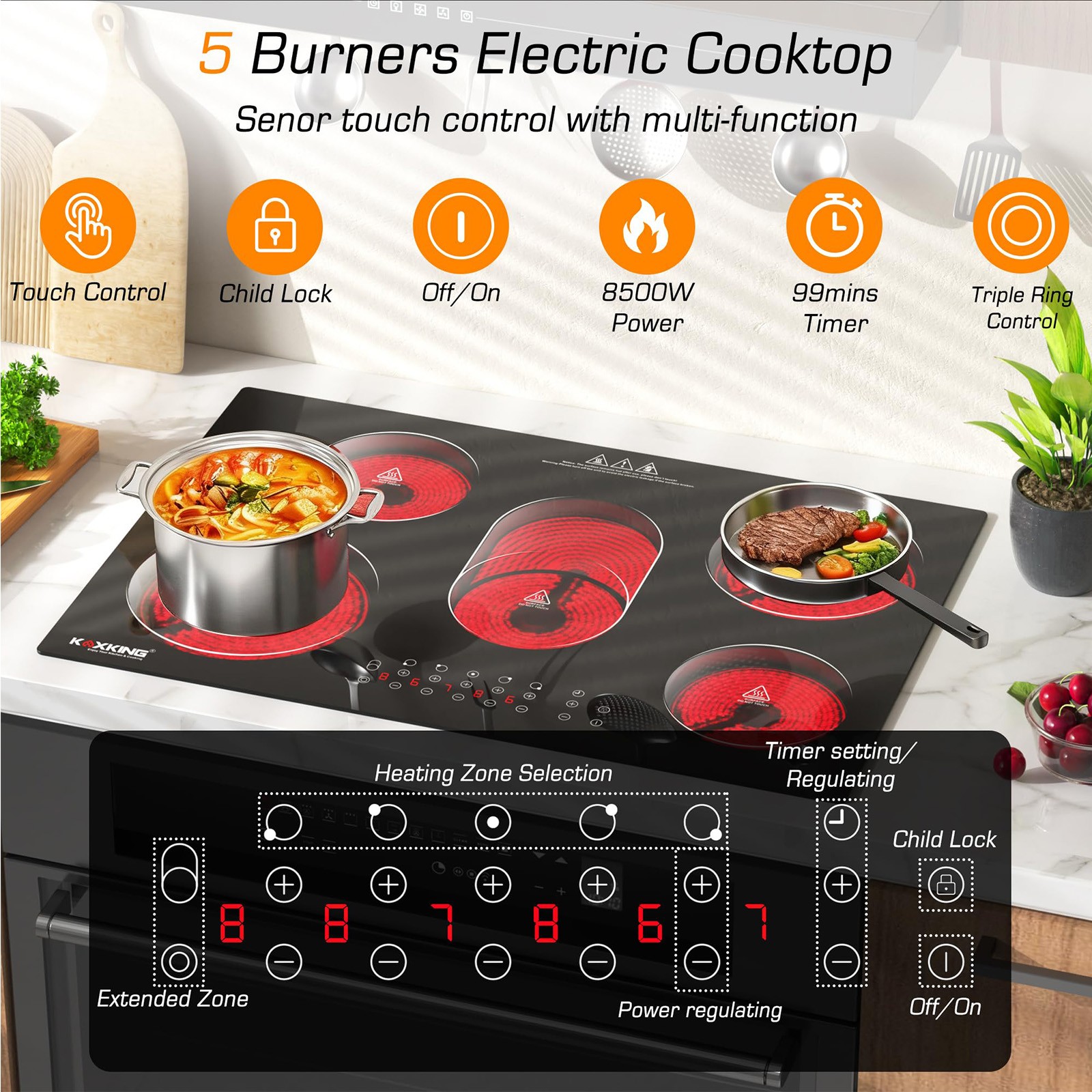 Built-in Electric Ceramic Cooktop 30 in Glass Stove With 5 burner 220-240V 8400W gallery